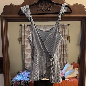 Caution To The Wind Navy and White Striped Wrap Blouse Tank, L